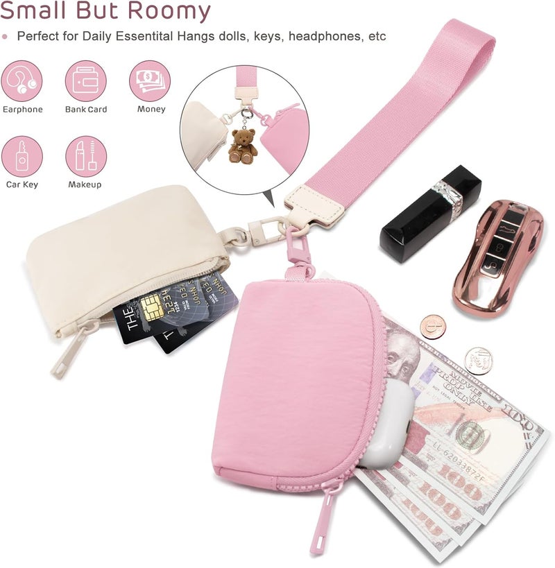 Viverte Mini Zip Around Keychain Wristlet Wallets Small Portable Dual Pounch Wristlet Detachable Coin Purse Pocket Gifts for Women Travel Sports Outdoors (Cream White+Pink) - Image 4
